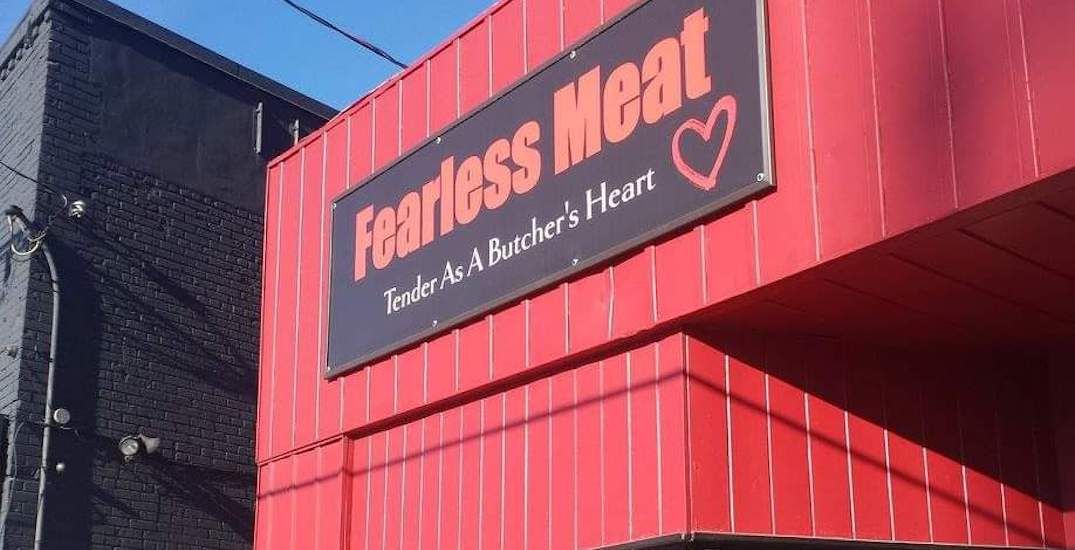 Fearless Meat storefront sign, Tender as a butcher's heart
